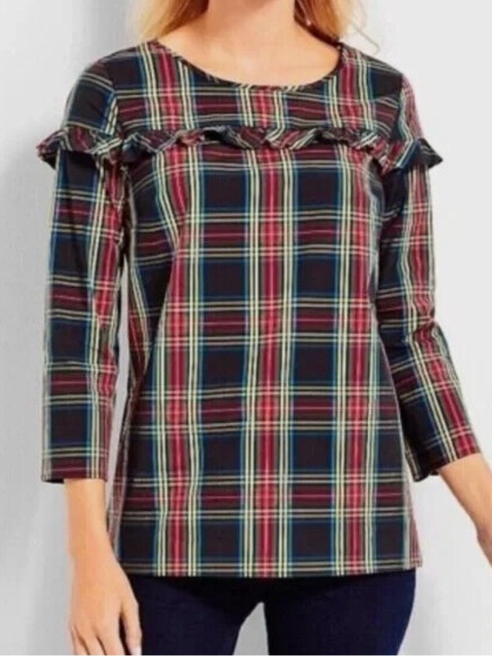 Talbots Red & Navy Plaid Ruffle Yoke Blouse Holiday Festive Size Medium